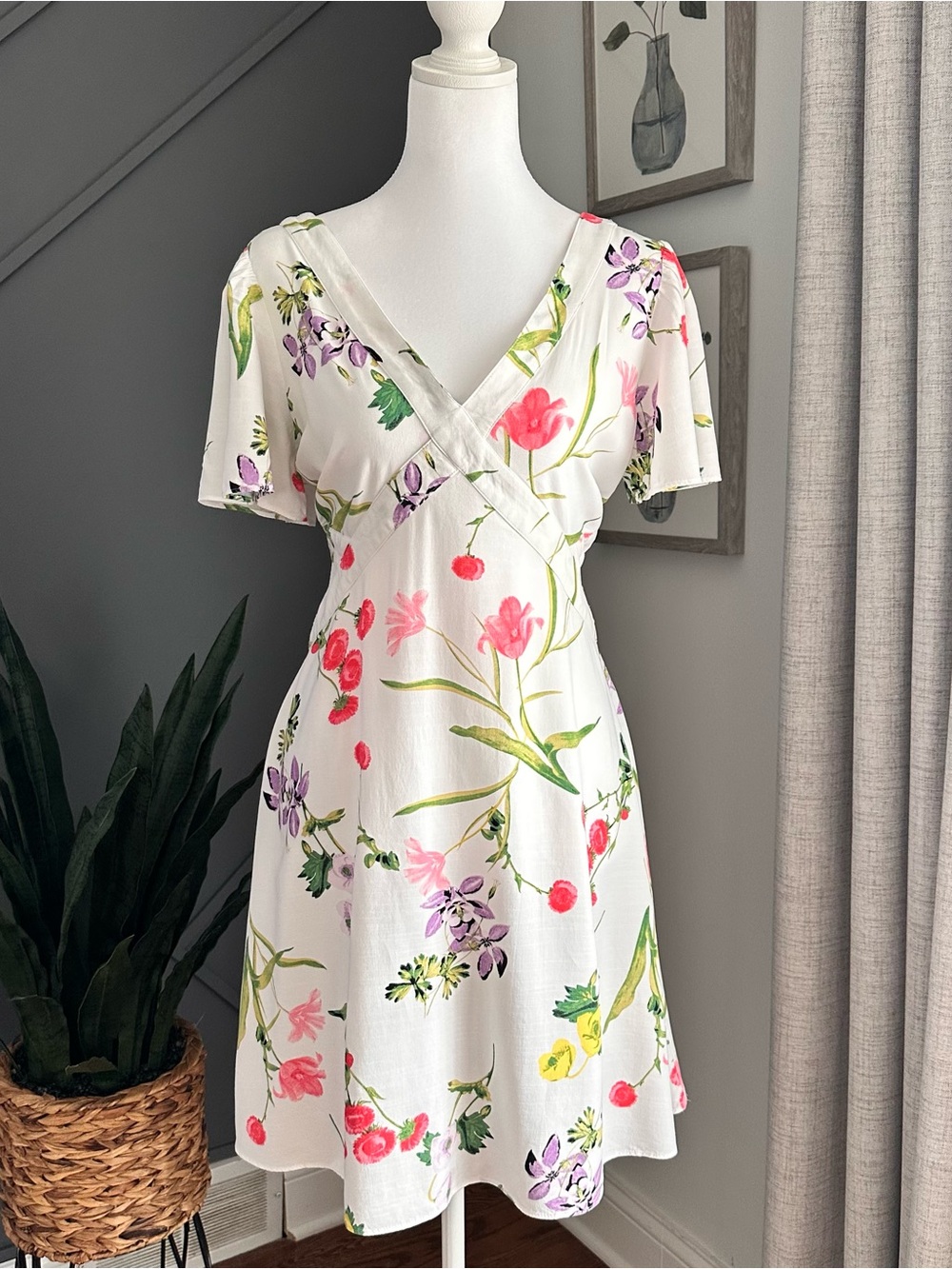 LOFT White Floral Wrap-Style Mini Dress with Pink & Green Print